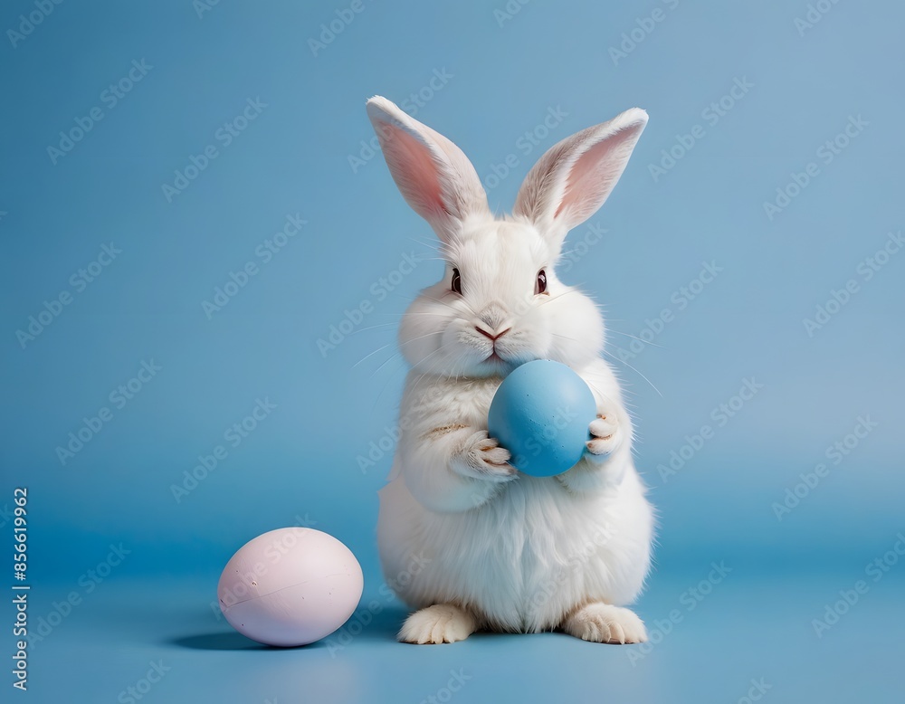 Obraz premium White Bunny Holding a Blue Easter Egg