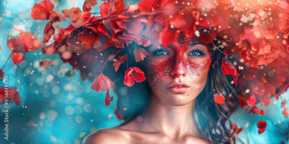 A woman wearing a red flower hat and red face paint A woman wearing a red flower hat and red face paint