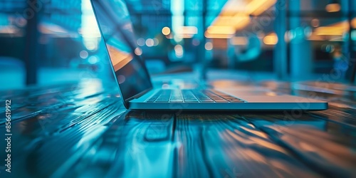 A laptop is open on a wooden table