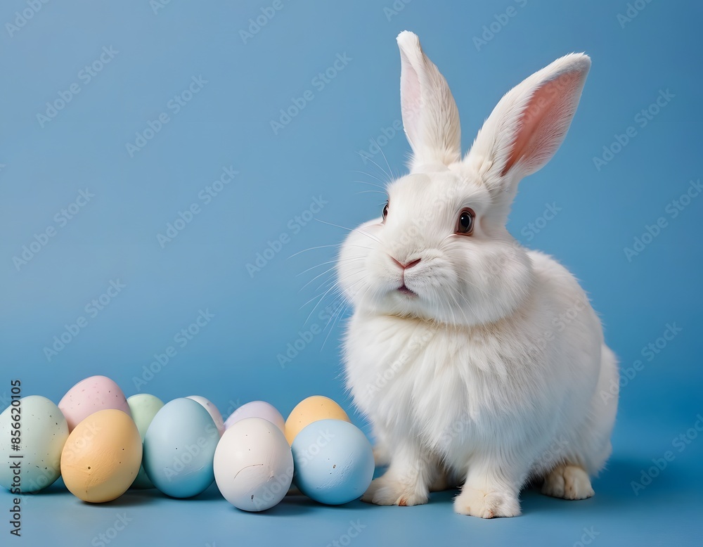 Easter Bunny with Colorful Eggs on Blue Background Easter Bunny with Colorful Eggs on Blue Background