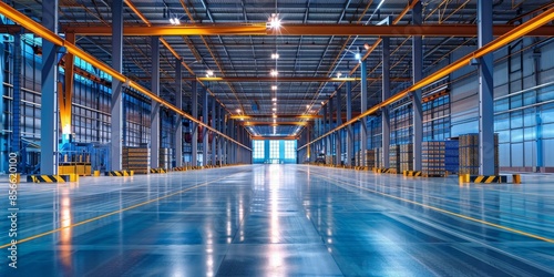 A large industrial warehouse with a bright blue floor and orange lights