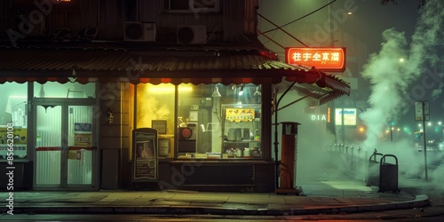 A neon sign with Chinese characters on it hangs above a small store photo