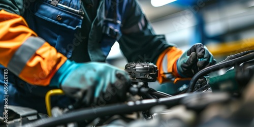 A mechanic is working on a car engine