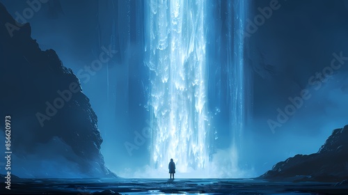Blue waterfall and character illustration poster background