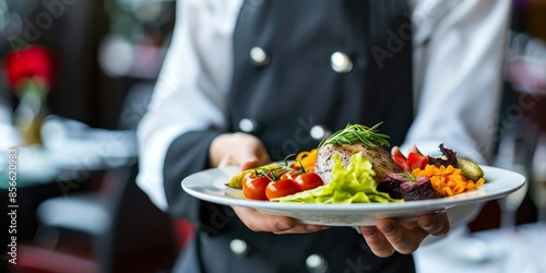 A chef is holding a plate of food, which includes a variety of vegetables