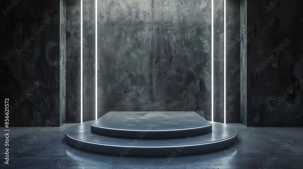 Beautiful minimalist background with gray podium, textured wall and neon lights for product presentation. Generative AI Beautiful minimalist background with gray podium, textured wall and neon lights for product presentation. Generative AI