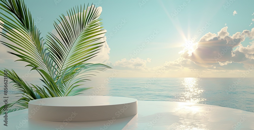 Fototapeta premium Serene Tropical Ocean View with Palm Leaves and Round Platform at Sunset