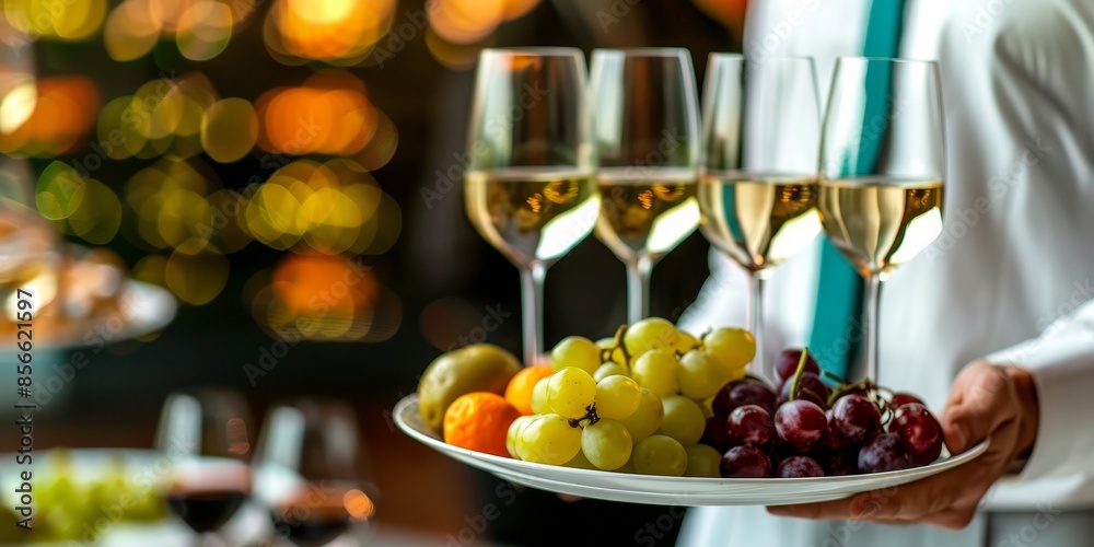 A man is holding a tray with a variety of fruits and wine glasses A man is holding a tray with a variety of fruits and wine glasses