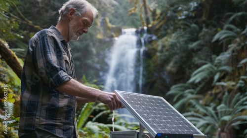 A middleaged man using a machine that is powered by solar panels with a beautiful waterfall in the background. © Justlight