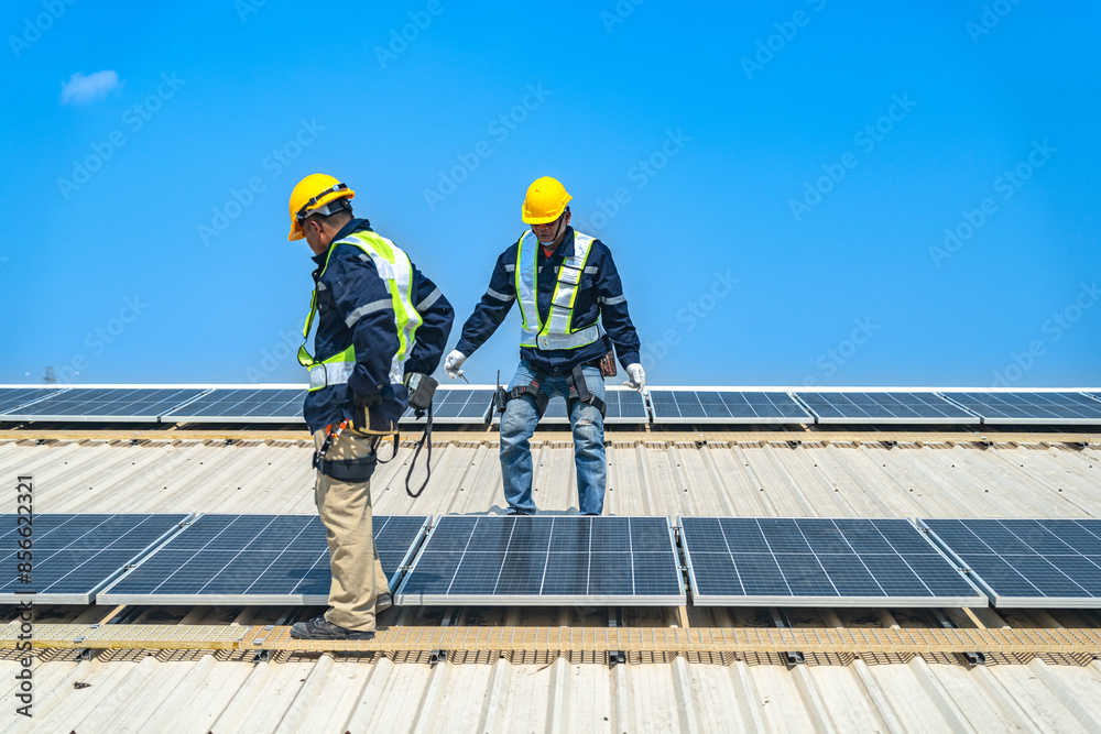 Worker Technicians are working to construct solar panels system on roof with sky and clound on background. Installing solar photovoltaic panel system. Renewable clean energy technology concept. Worker Technicians are working to construct solar panels system on roof with sky and clound on background. Installing solar photovoltaic panel system. Renewable clean energy technology concept.