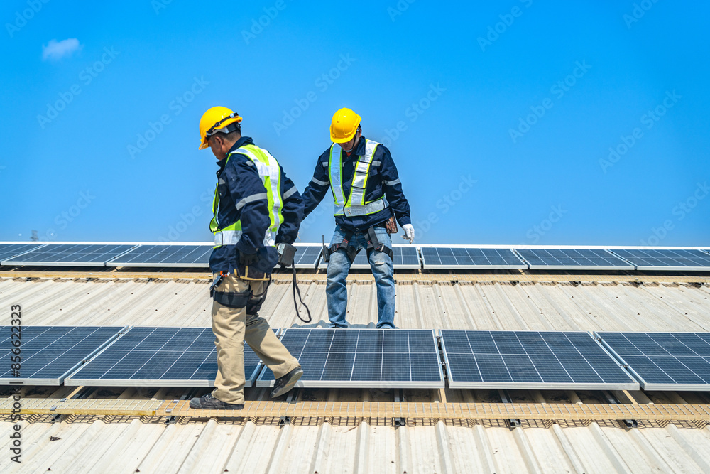 Worker Technicians are working to construct solar panels system on roof with sky and clound on background. Installing solar photovoltaic panel system. Renewable clean energy technology concept. Worker Technicians are working to construct solar panels system on roof with sky and clound on background. Installing solar photovoltaic panel system. Renewable clean energy technology concept.