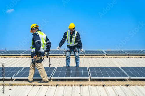Worker Technicians are working to construct solar panels system on roof with sky and clound on background. Installing solar photovoltaic panel system. Renewable clean energy technology concept. © ultramansk