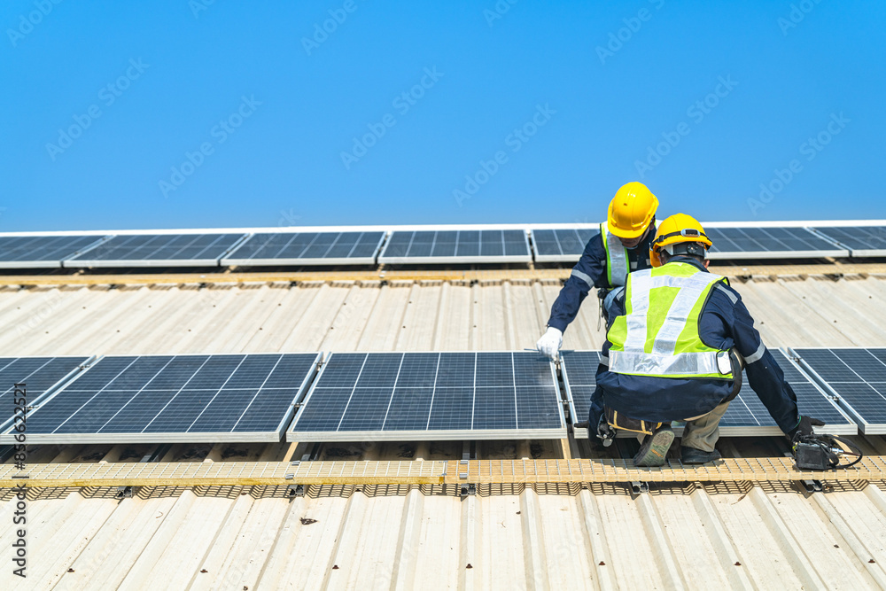 Worker Technicians are working to construct solar panels system on roof with sky and clound on background. Installing solar photovoltaic panel system. Renewable clean energy technology concept. Worker Technicians are working to construct solar panels system on roof with sky and clound on background. Installing solar photovoltaic panel system. Renewable clean energy technology concept.