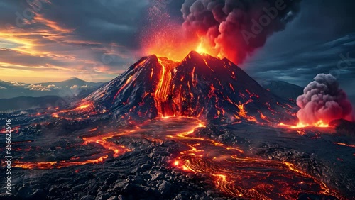 Volcano eruption with lava flow in dark. 4k video footage
