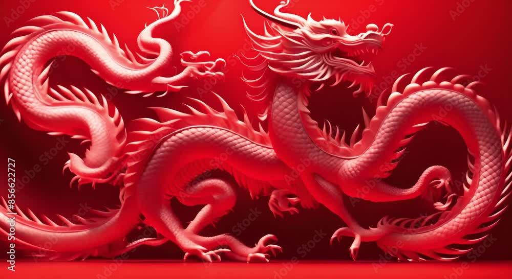 Chinese dragon with red paper fans on red background Chinese dragon with red paper fans on red background