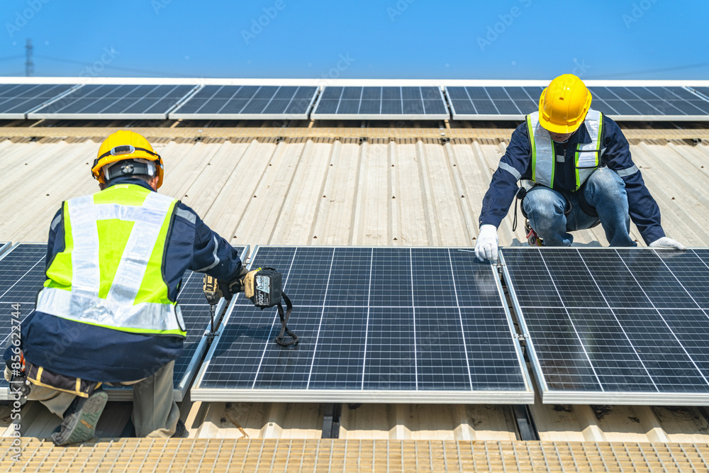 Worker Technicians are working to construct solar panels system on roof with sky and clound on background. Installing solar photovoltaic panel system. Renewable clean energy technology concept. Worker Technicians are working to construct solar panels system on roof with sky and clound on background. Installing solar photovoltaic panel system. Renewable clean energy technology concept.