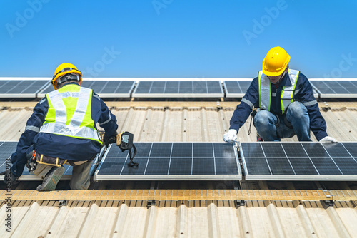 Wallpaper Mural Worker Technicians are working to construct solar panels system on roof with sky and clound on background. Installing solar photovoltaic panel system. Renewable clean energy technology concept. Torontodigital.ca