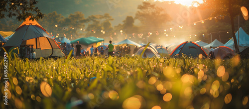 outdoor music festival with tents and camping gear concept banner background