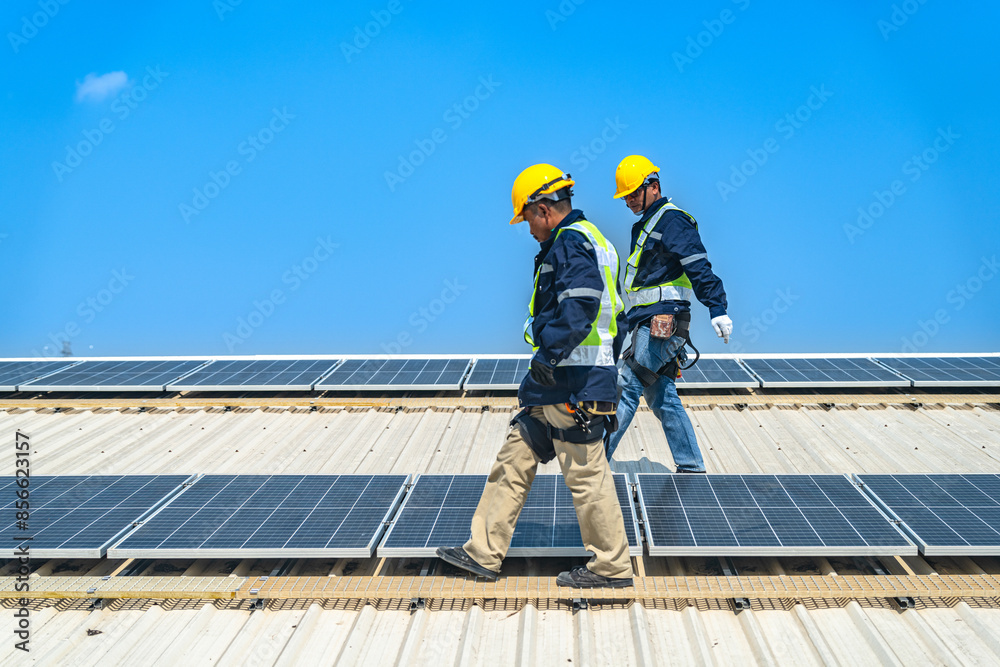 Worker Technicians are working to construct solar panels system on roof with sky and clound on background. Installing solar photovoltaic panel system. Renewable clean energy technology concept. Worker Technicians are working to construct solar panels system on roof with sky and clound on background. Installing solar photovoltaic panel system. Renewable clean energy technology concept.