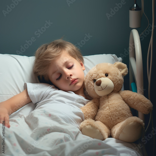 Sleeping child in a hospital bed, holding a stuffed animal, with medical equipment softly beeping in the background, empty space on the right