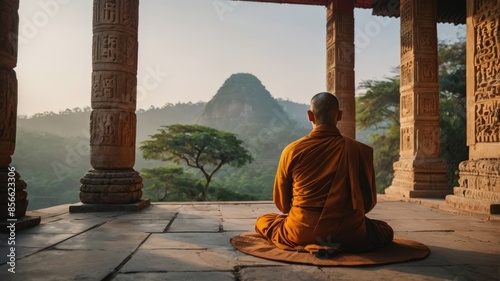 Monk meditating, searching for peace photo