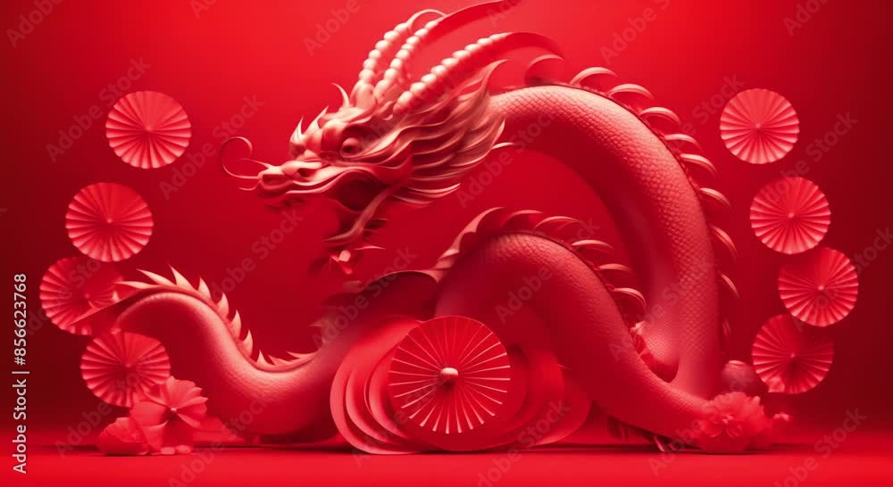Chinese dragon with red paper fans on red background Chinese dragon with red paper fans on red background
