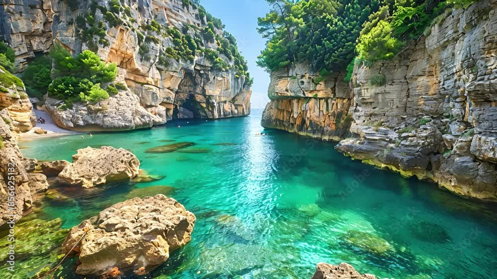 Hidden beach at the base of towering cliffs with turquoise water and colorful seashells
Hidden beach at the base of towering cliffs with turquoise water and colorful seashells