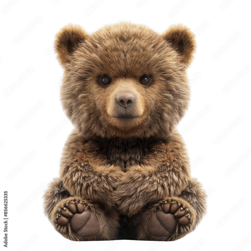 Fototapeta premium A cute brown bear cub sitting with its paws tucked in front of it, looking directly at the camera, isolated on PNG transparent background