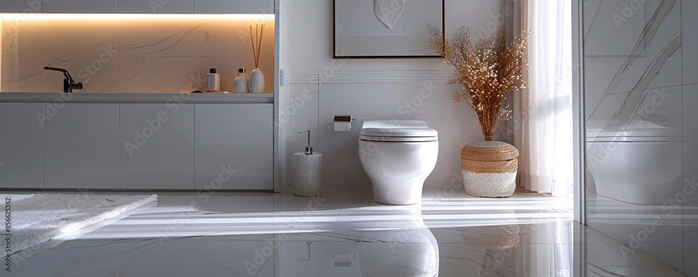 A minimalist white bathroom showcases a contemporary toilet bowl, complemented by simple yet chic decor elements like a framed artwork and a minimalist soap dispenser. The uncluttered space provides A minimalist white bathroom showcases a contemporary toilet bowl, complemented by simple yet chic decor elements like a framed artwork and a minimalist soap dispenser. The uncluttered space provides