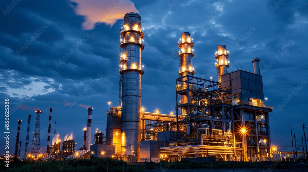 Obraz premium The powerful image of a gas turbine power plant at the blue hour, with lights on and smoke rising, powering nearby factories