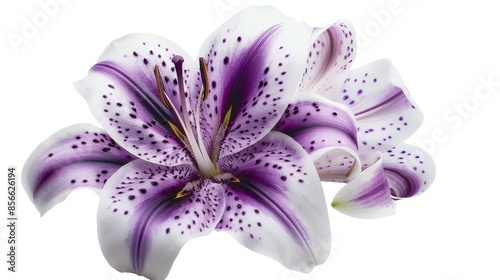 White and purple lily flower isolated on white background with macro shot and wide depth of field