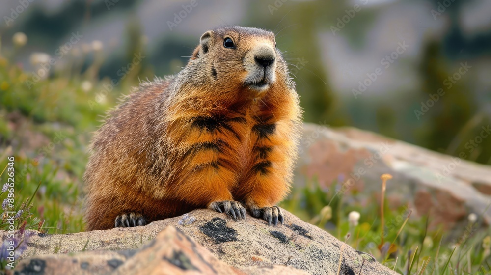 Close-up of a Marmot Sitting on a Rock in a Mountain Meadow with Blurred Background Close-up of a Marmot Sitting on a Rock in a Mountain Meadow with Blurred Background