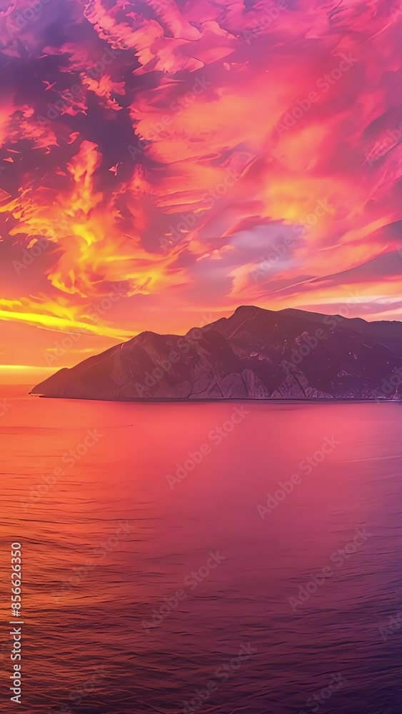 Vibrant sunset over coastal mountain range with sky ablaze in orange, red, and purple reflecting in calm sea
Vibrant sunset over coastal mountain range with sky ablaze in orange, red, and purple reflecting in calm sea