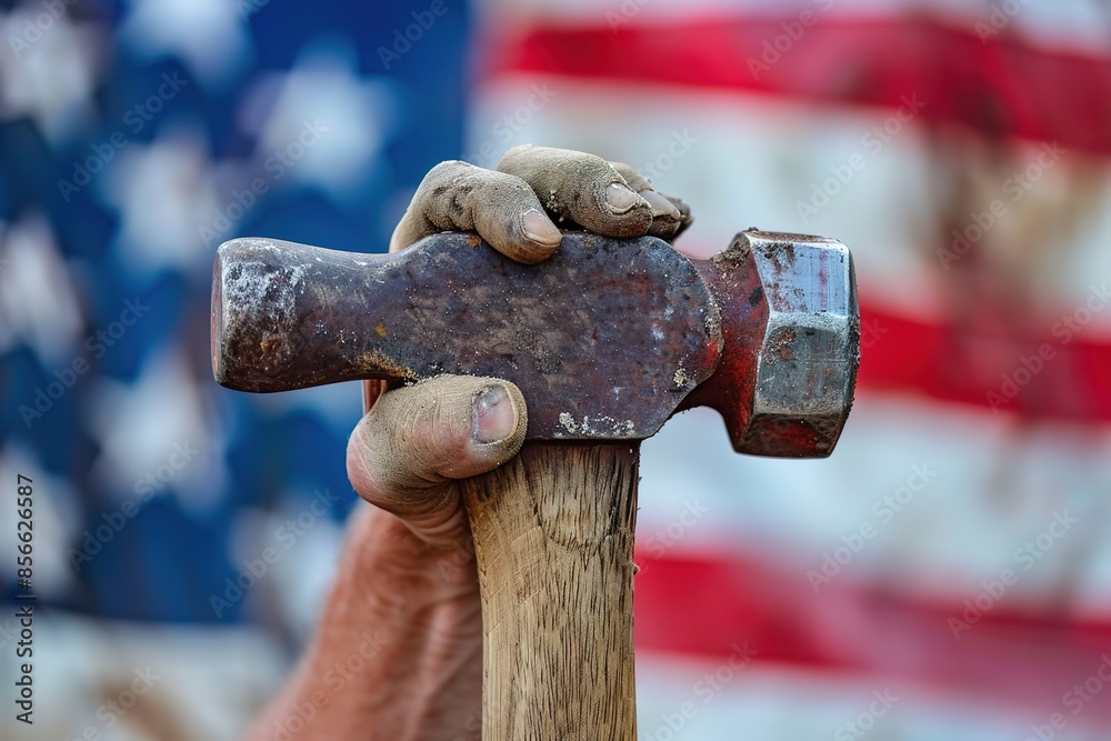 Hand holding hammer with US flag in background symbolizing hard Hand holding hammer with US flag in background symbolizing hard