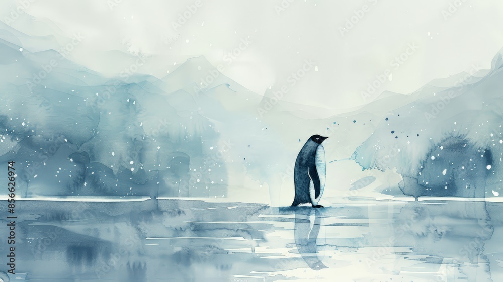 Obraz premium Watercolor Illustration of a Penguin in a Winter Landscape. Peaceful Setting with Serene Colors.