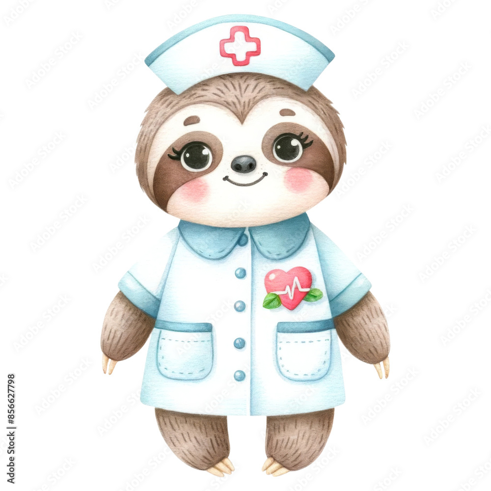 Cute Sloth Nurse with Heart Emblem Illustration Cute Sloth Nurse with Heart Emblem Illustration