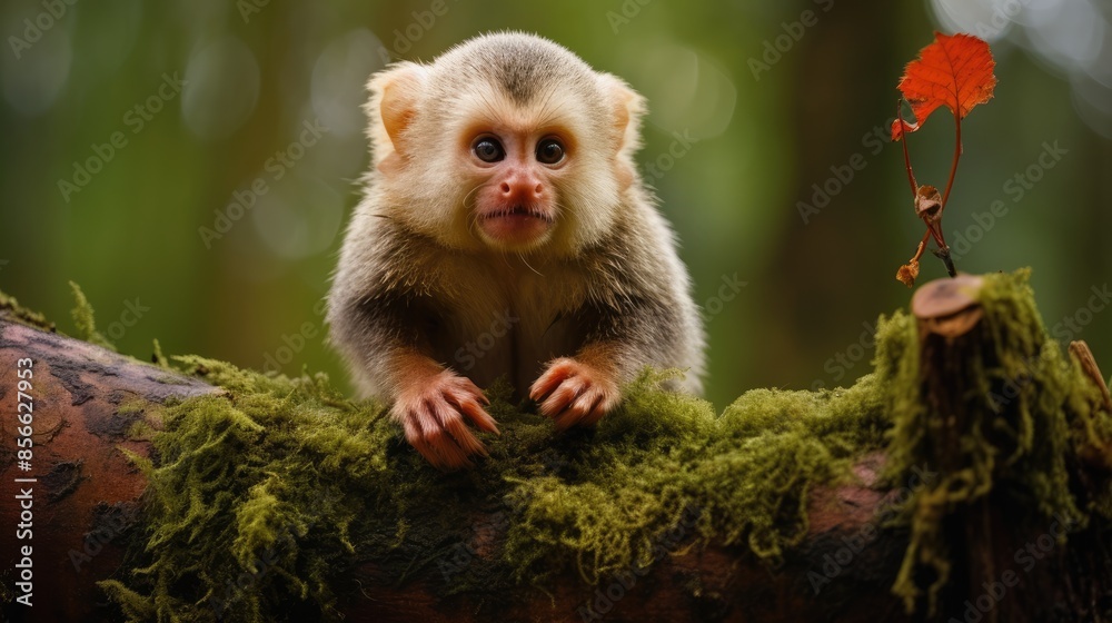 Adorable Baby Monkey on Mossy Log in Lush Forest with Red Leaf Adorable Baby Monkey on Mossy Log in Lush Forest with Red Leaf
