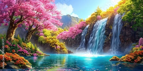 Waterfall in a Lush, Colorful Forest