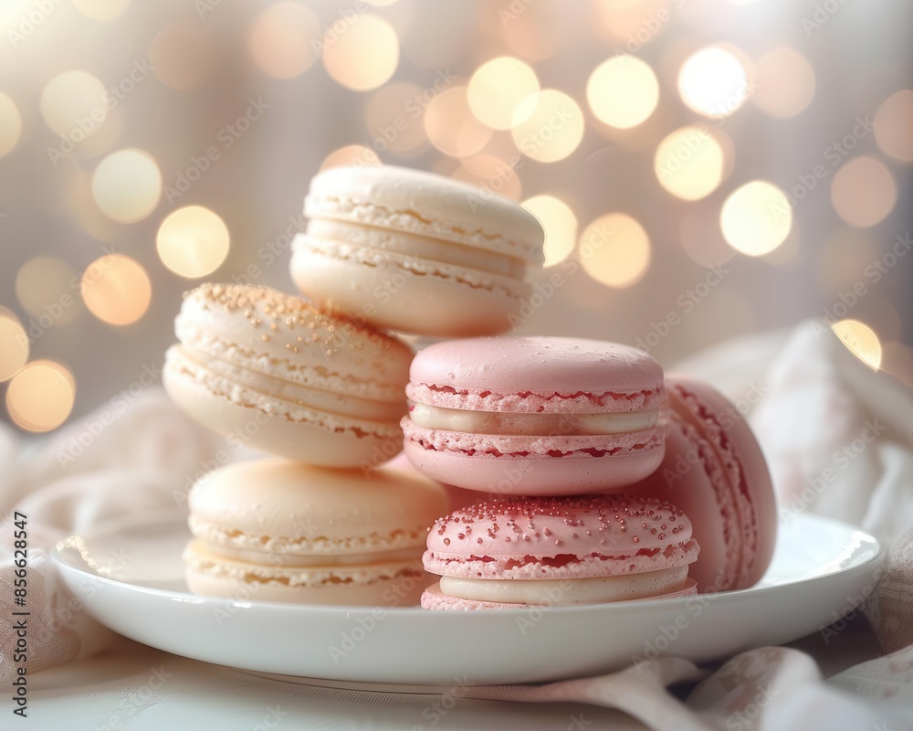 Delicate pastel macarons arranged on a white plate with a soft focus background look absolutely stunning. Delicate pastel macarons arranged on a white plate with a soft focus background look absolutely stunning.