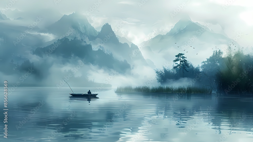 Green grass mountains lake fishing boat illustration poster background Green grass mountains lake fishing boat illustration poster background