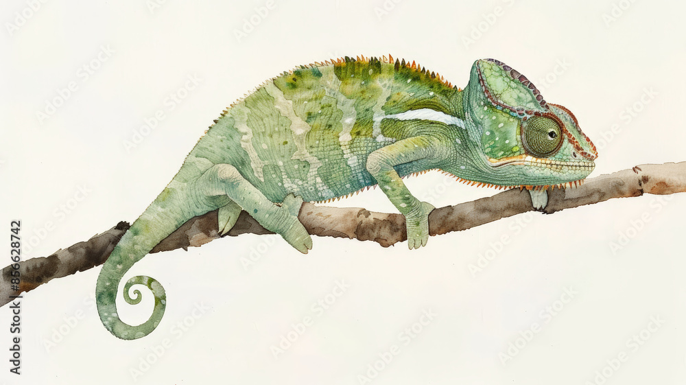Fototapeta premium Watercolor Illustration of a Chameleon with Gentle Shading. Subtle Greens and Browns Create a Calm and Light Background.