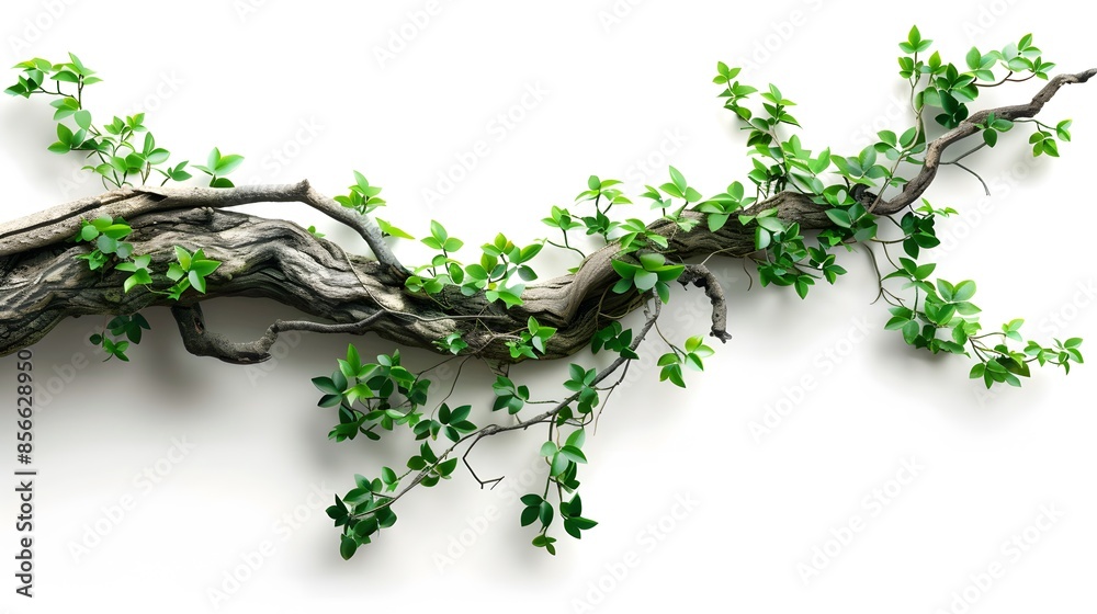 Obraz premium realistic twisted jungle branch with plant growing isolated on a white background