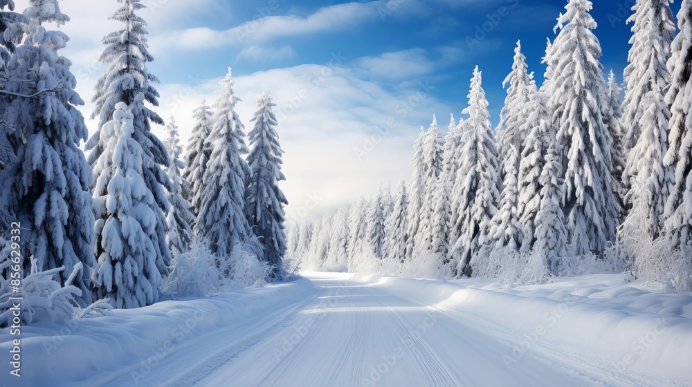 Street passing through serene snow-covered wonderland. Street passing through serene snow-covered wonderland.