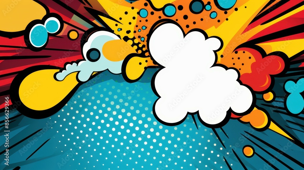Vibrant and dynamic comic panel featuring bold speech bubble and abstract shapes, creating an actionpacked and exciting atmosphere.