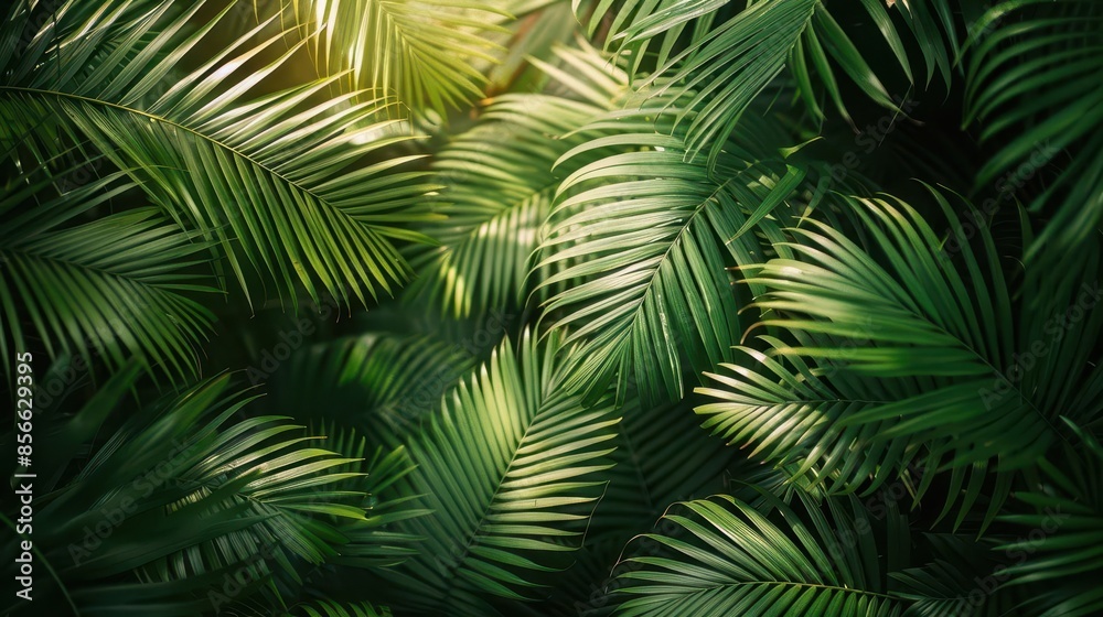 Lush green palm leaves with sunlight creating intricate patterns of light and shadow Lush green palm leaves with sunlight creating intricate patterns of light and shadow