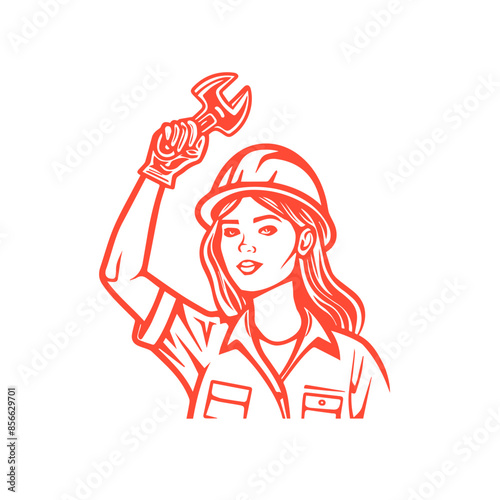 Female worker with wrench up in salute, monochrome red