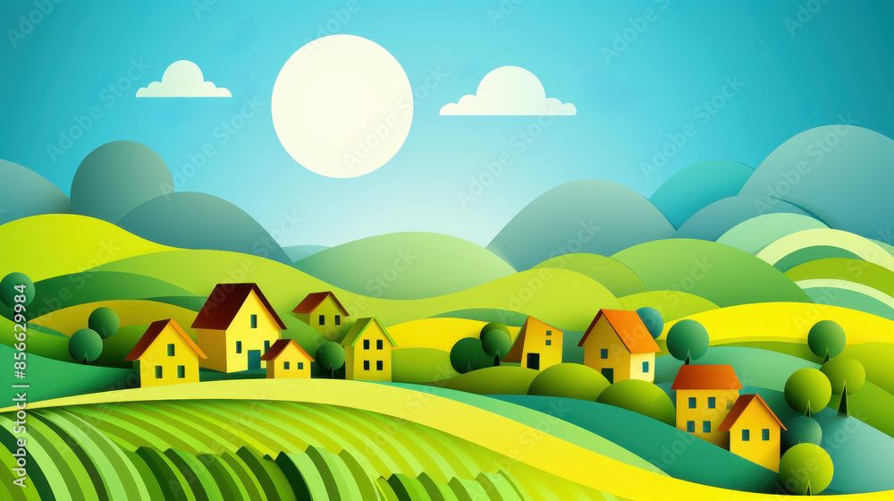 Fototapeta premium Vibrant paper art of a whimsical summer countryside with cartoon rolling hills under sunny skies.