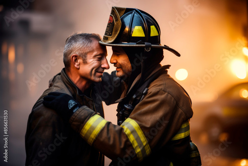 Adult man in a firefighter s uniform standing next to a fire engine, adjusting his gear.  photo