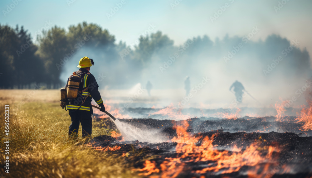 Fototapeta premium Adult man in a firefighter's uniform putting out a fire in an open field on a sunny day. 