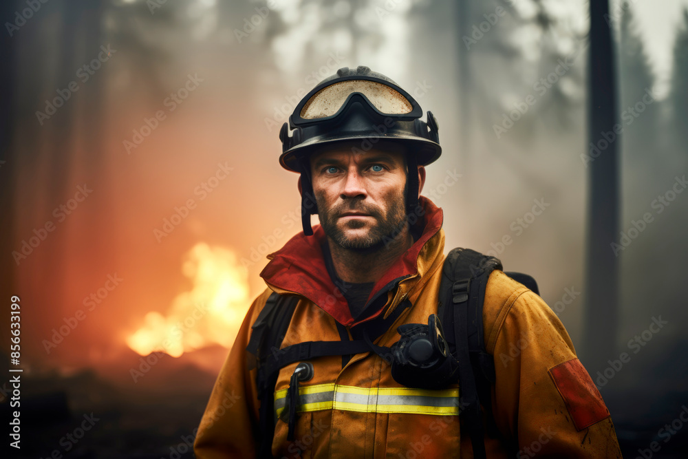 Adult man in a firefighter s uniform standing in front of a forest fire during the day. The scene is intense with flames and smoke filling the background, creating a dramatic and urgent mood Adult man in a firefighter s uniform standing in front of a forest fire during the day. The scene is intense with flames and smoke filling the background, creating a dramatic and urgent mood